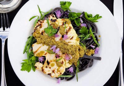 Grilled Cauliflower with Sardo Arugula Pesto