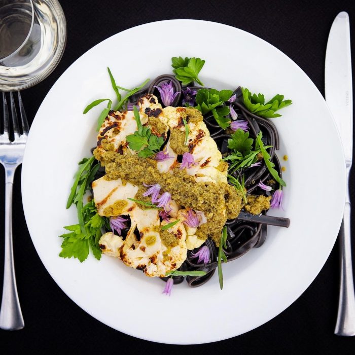 Grilled Cauliflower with Sardo Arugula Pesto